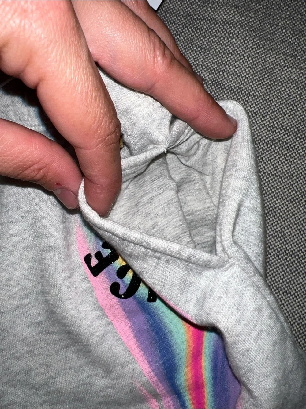 Justice Light Pink Sports Bra with Gray Shorts and Rainbow Logo